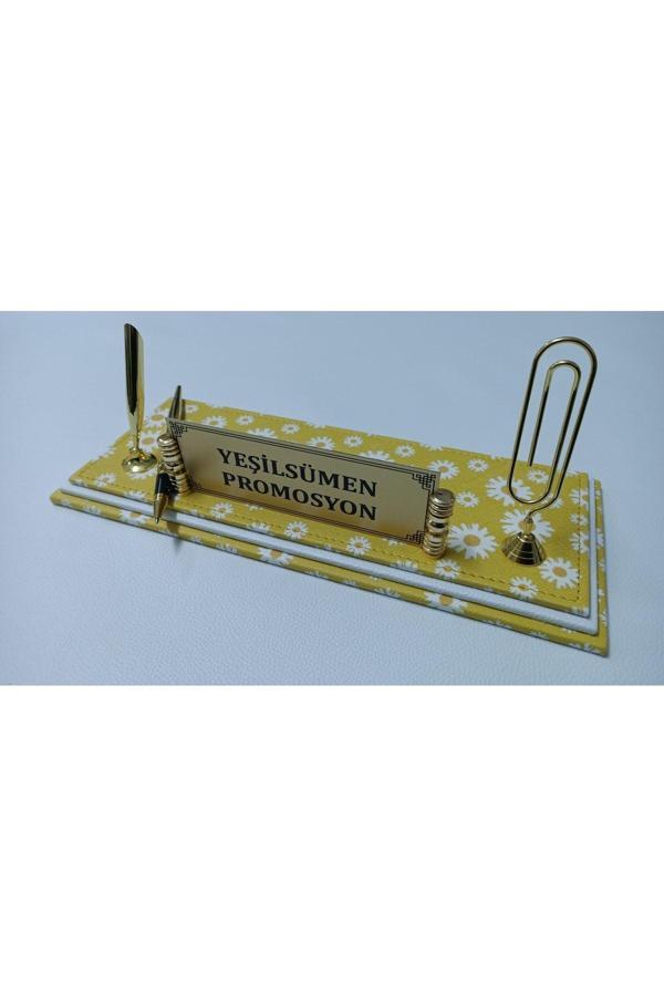 Yeşil Sümen Promosyon Papatya Desenli Lüx Tasarım Masa Üstü Isimlikli Set - Image 1