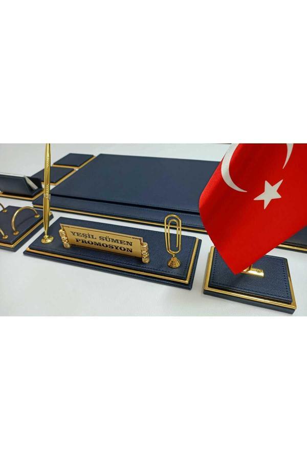 Yeşil Sümen Promosyon Lacivert Ve Gold 3 Kademeli Kişiye Özel İsimlikli Lüks Tasarım Sümen Ve Makam Takımı - Image 1