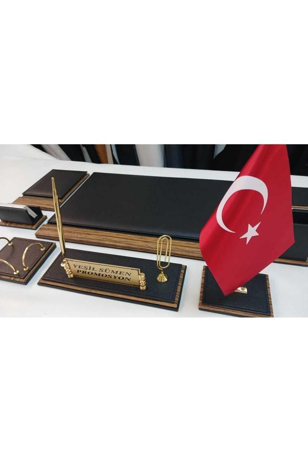 Yeşil Sümen Promosyon Siyah Ve Ahşap Desenli Kişiye Özel İsimlikli Sümen Takımı - Image 1
