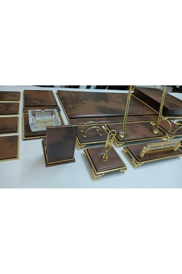 Yeşil Sümen Promosyon Payitaht Kahve Ve Gold Deriden Oluşan Ultra Lüks Tasarım Sümen Ve Makam Takımı - Image 1