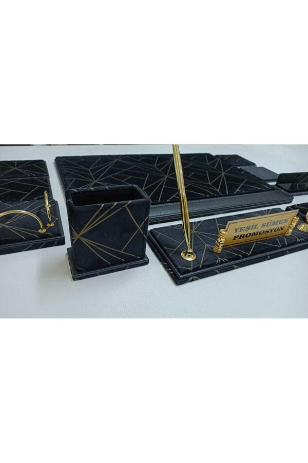 Yeşil Sümen Promosyon Siyah Deri Çizgili Kadife Kişiye Özel İsimlikli Lüks Tasarım Sümen Ve Makam Takımı - Image 1