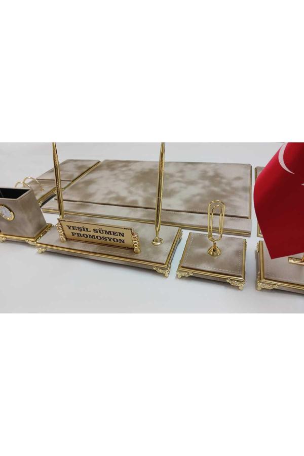 Yeşil Sümen Promosyon Bulut Krem Ve Gold Kişiye Özel İsimlikli Lüks Tasarım Sümen Ve Makam Takımı - Image 1