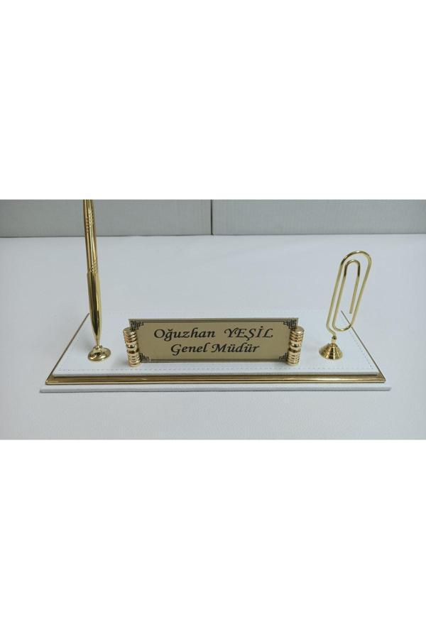 Yeşil Sümen Promosyon Beyaz Ve Gold Deriden Oluşan Lüks Tasarım Masaüstü Isimlikli Set - Image 1