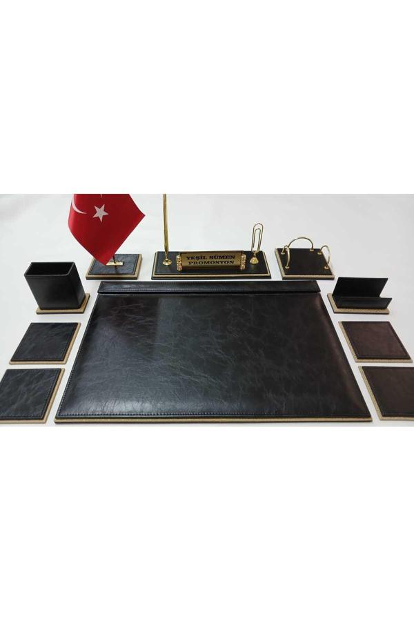 Yeşil Sümen Promosyon Brode Siyah 2 Farklı Deriden Oluşan Kişiye Özel İsimlikli Lüks Tasarım Sümen Ve Makam Takımı - Image 1