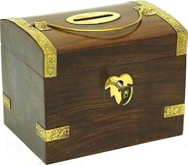 Kumbara Kilitli Ahşap Kutu Kumbara Hediyelik - Image 1