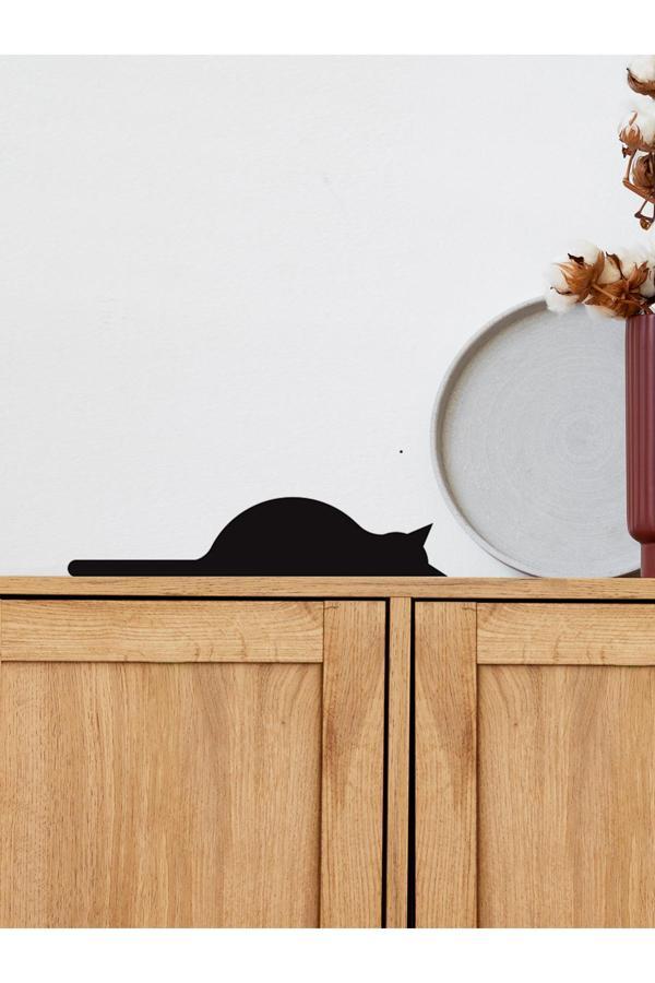 Alvina Atölye Uyuyan Kedi Figürlü Siyah Duvar Dekoru - Raf Dekoru - Bioplastik - Image 1