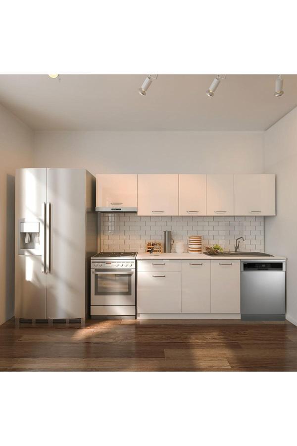 Loşna Hazır Mutfak Dolabı 260 cm-Beyaz Laminat Tezgah Dahil-Bulaşık Makinesi Yeri Mevcut-Parlak - Image 1