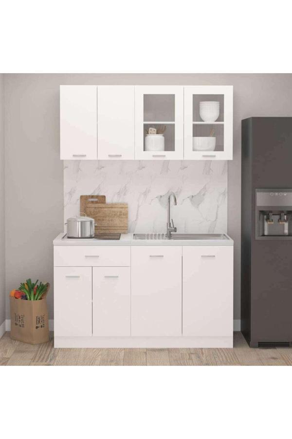 Persephone Hazır Mutfak Dolabı-Çok Amaçlı Dolap 140 cm Beyaz Ve Beyaz Tezgah Dahil - Image 1
