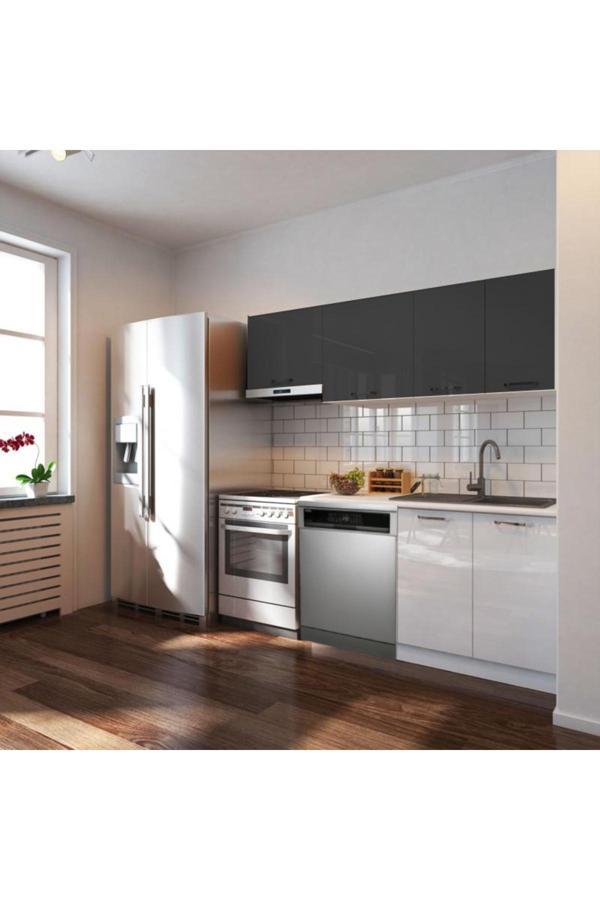 Puka Hazır Mutfak Dolabı 200cm Parlak-Beyaz Laminat Tezgah Dahil-Bulaşık Makinesi Yeri Mevcut-Parlak - Image 1