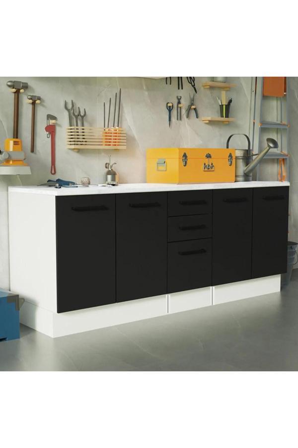 Vant Mutfak 4 Kapaklı-3 Çekmeceli Alt Modül -200 cm - Çok Amaçlı Dolap -Beyaz-Tezgah Dahil - Image 1