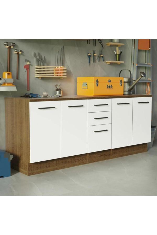 Vant Mutfak 4 Kapaklı-3 Çekmeceli Alt Modül -200 cm - Çok Amaçlı Dolap -Beyaz-Tezgah Dahil - Image 1