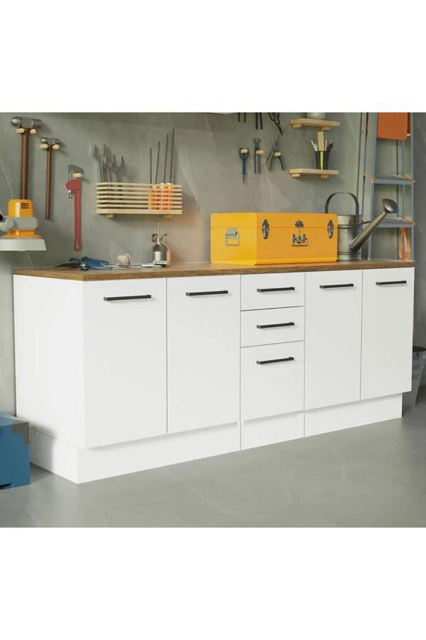Vant Mutfak 4 Kapaklı-3 Çekmeceli Alt Modül -200 cm - Çok Amaçlı Dolap -Beyaz-Tezgah Dahil - Image 1