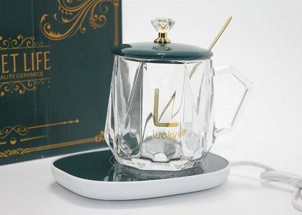 Porselen Kapaklı Isıtıcılı Cam Kupa Bardak Dekoratif Hediyelik - Image 1