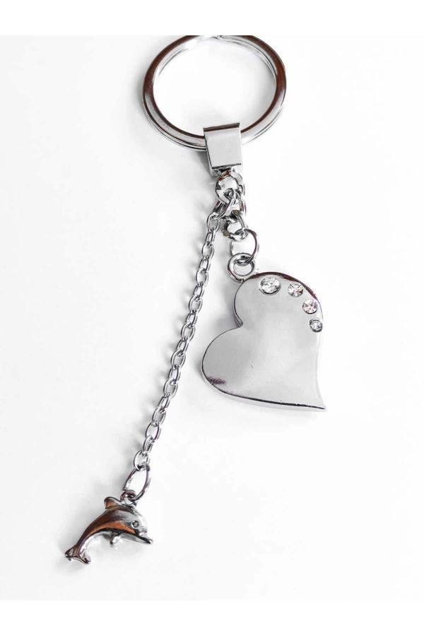 Üzeri Taşlı Kalp ve Zincir Ucunda Yunuslu Metal Anahtarlık - Image 1