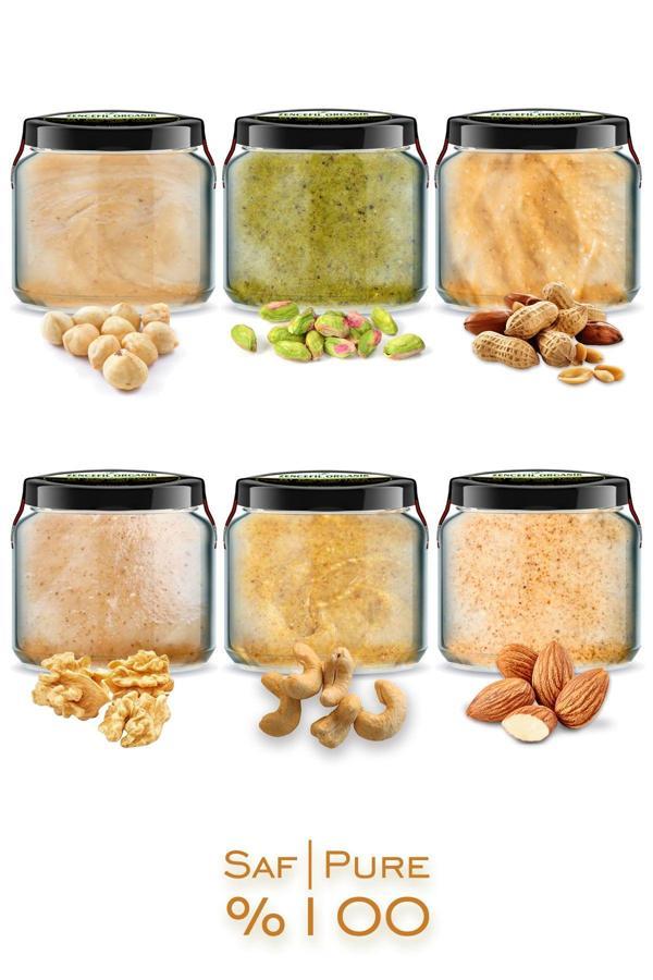 6 Çeşit Saf Ezme Antep Fıstığı Fındık Fıstık Kaju Ceviz Badem Ezmesi Bi Kavanoz 330 cc. Cam Kavanoz - Image 1