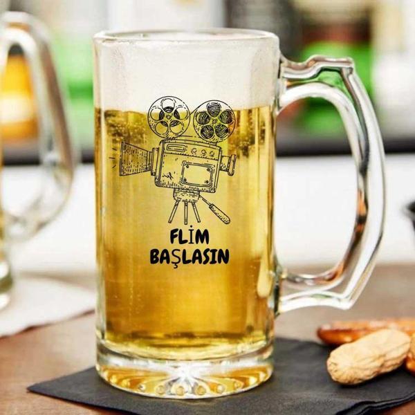 Film Başlasın Yazılı Cam Bira Bardağı – Sinema Temalı Mizahi Hediyelik Kupa - Image 1