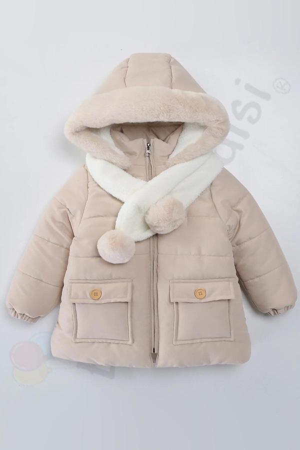 Atkı Kapüşonlu Cepli İçi Peluş Kürklü Fermuarlı Kapitone Kar Şişme Kışlık Kız Bebek Mont Çocuk Kaban - Image 1