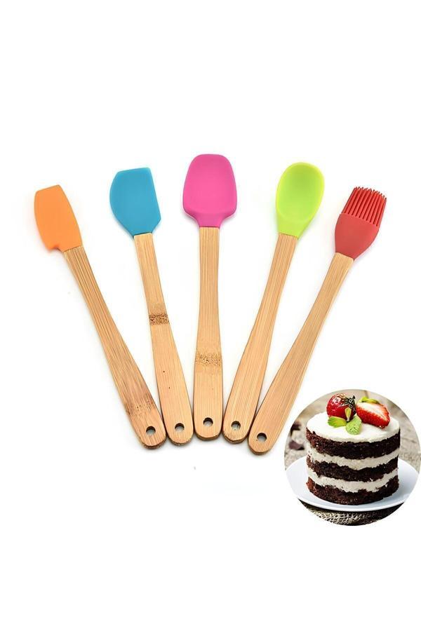 Mucit Home 5'li Renkli Bambu Saplı Silikon Uçlu Spatula Fırçalı Kaşık Seti - Image 1