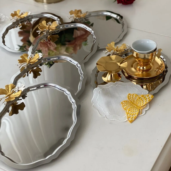 Mucit Home PASLANMAZ ÇELİK OVAL MODEL 20*25 CM SERVİS VE SUNUM TEPSİSİ KELEBEKLİ 6 ADET - Image 1