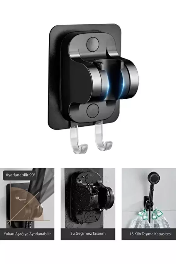Mucit Home Siyah Nano Kendinden Yapışkanlı Banyo Duş Başlığı Askısı 15 kg Taşıma Kapasiteli Mafsal Tutacak - Image 1