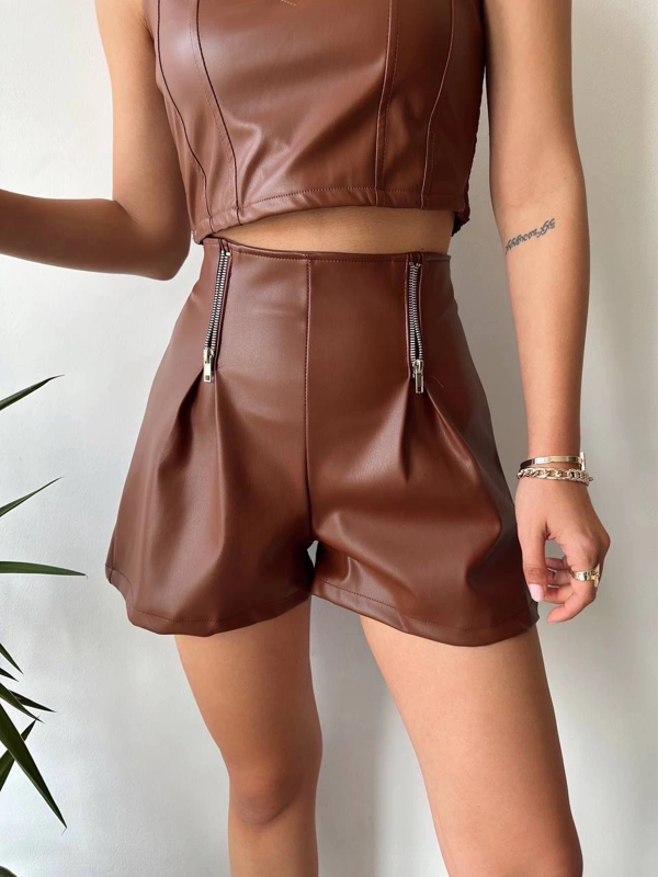 Çift fermuarlı deri şort kahve h24394 - Image 1