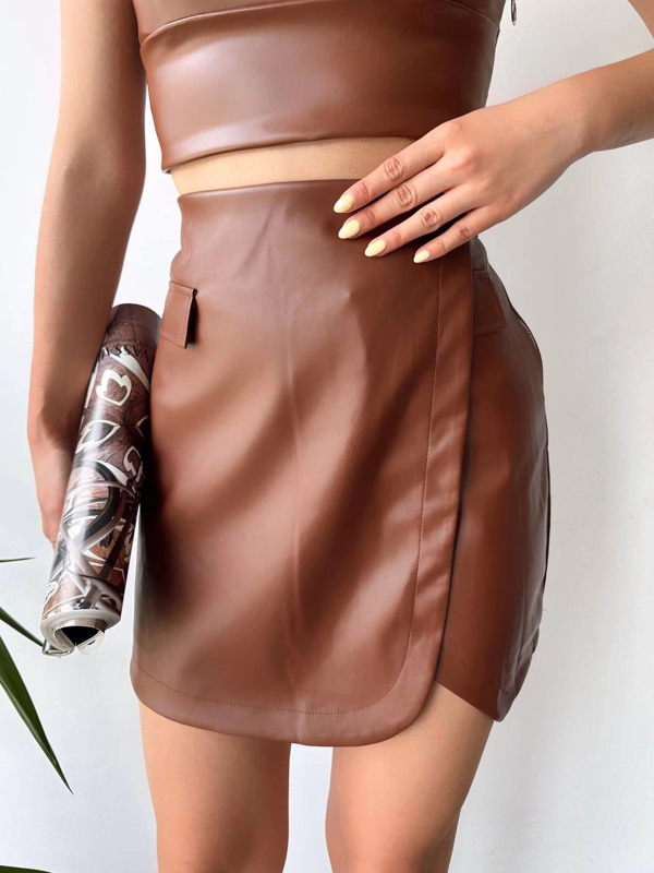 Cep detaylı oval kapaklı deri etek kahve h240048 - Image 1