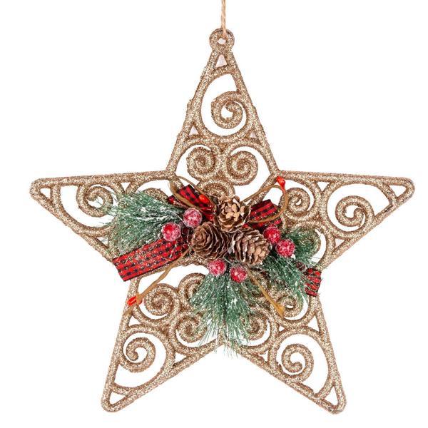 Yılbaşı Ağaç Süsü Yılbaşı Dekorlu Desenli Simli Yıldız Gold 22 cm - Image 1