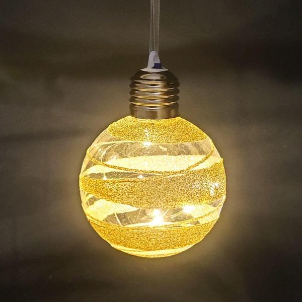 Yılbaşı Topu Ampul Led Işıklı Gold Simli Desenli 2 li Paket Şampanya 7 cm - Image 1