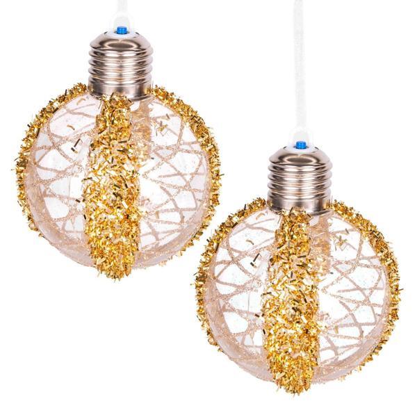 Yılbaşı Topu Ampul Led Işıklı Simli Desenli 2 li Paket Gold 7 cm - Image 1