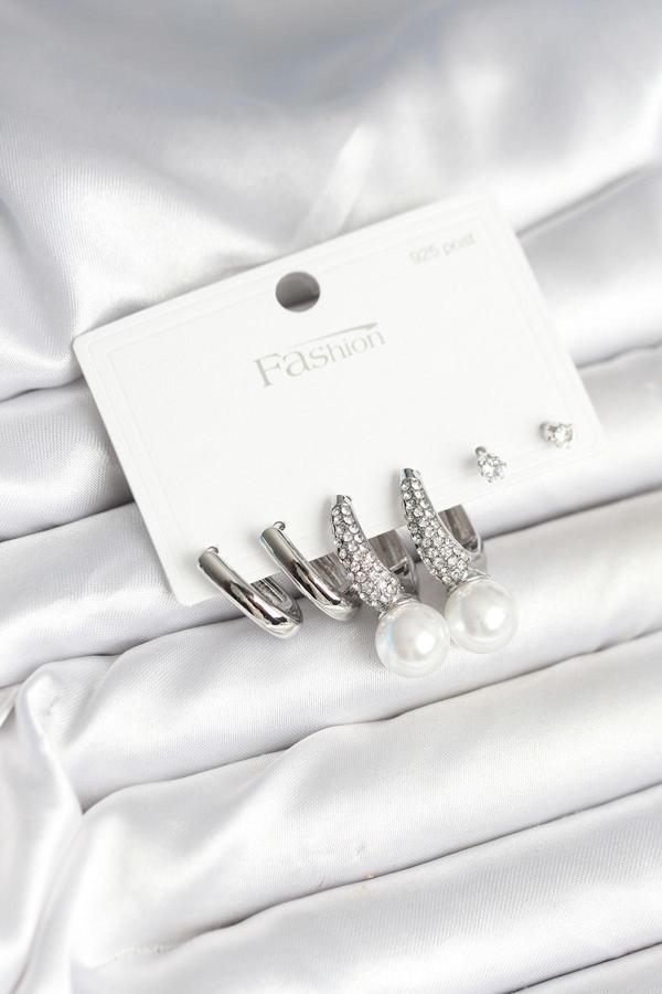 Pirinç Gümüş Renk İncili 925 Ayar Gümüş Çivi Kadın Küpe Seti - EBJ251010W38077 - Image 1