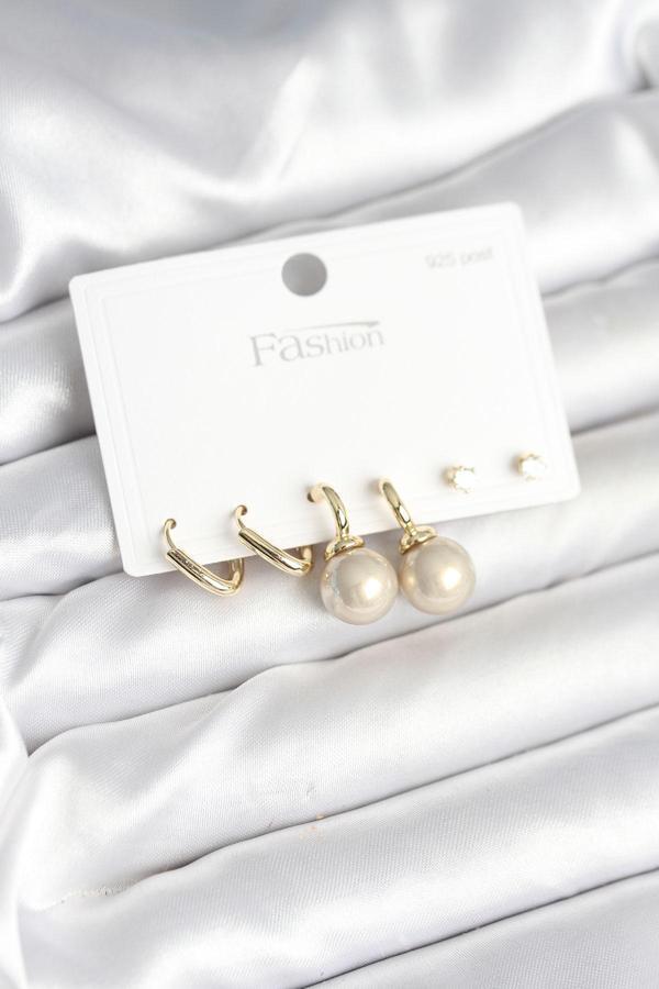Pirinç Gold Renk İnci Detaylı 925 Gümüş Çivili Kadın Küpe Seti - EBJ251010W38079 - Image 1