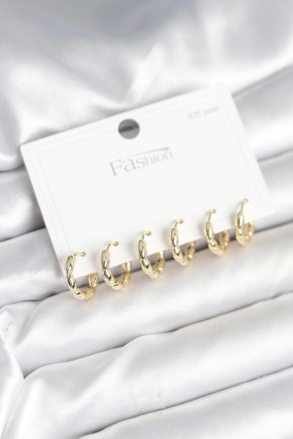 Pirinç Gold Renk Baklalı Halka 925 Gümüş Çivi Kadın Küpe Seti - EBJ251010W38081 - Image 1