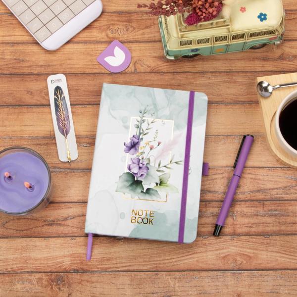 13,5x20 cm Mor Çiçekli Sert Kapak Noktalı Tarihsiz Dikişli Not Okul Defteri - Image 1