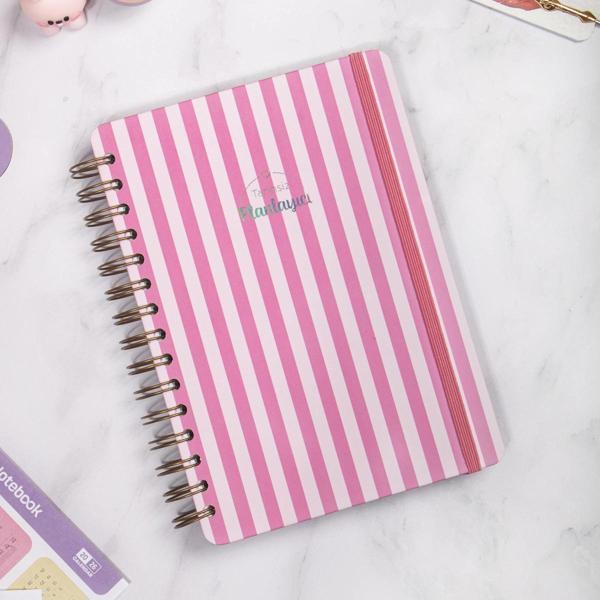 A5 Süresiz Haftalık Planlayıcı Spiralli Kuşe Kapak - Pembe Çizgili - Image 1