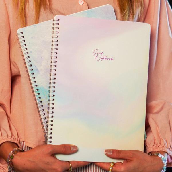 A4 Spiralli Karton Kapak 2’li Set Kareli Ders Programlı Not Okul Defteri - Pastel Serisi - Image 1