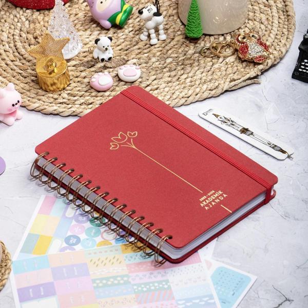 2025-2026 A5 Akademik Ajanda Spiralli Kumaş Kapak 16 Aylık - Kırmızı - Image 1