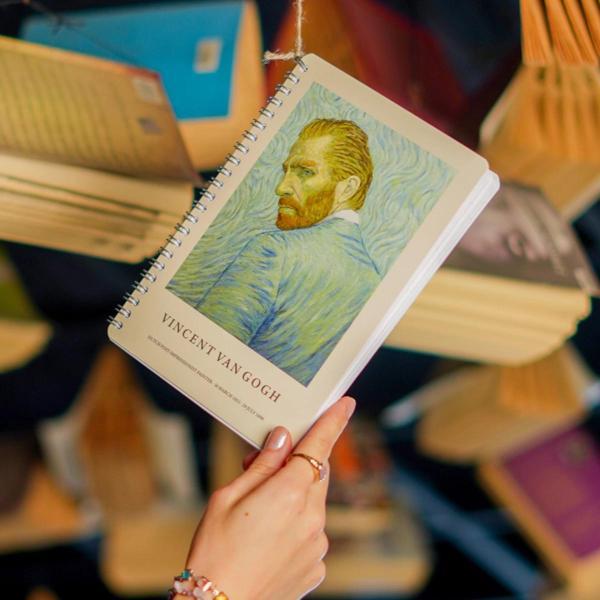 A5 Spiralli Karton Kapak 4'lü Set Çizgili Ders Programlı Not Okul Defteri - Van Gogh Serisi - Image 1