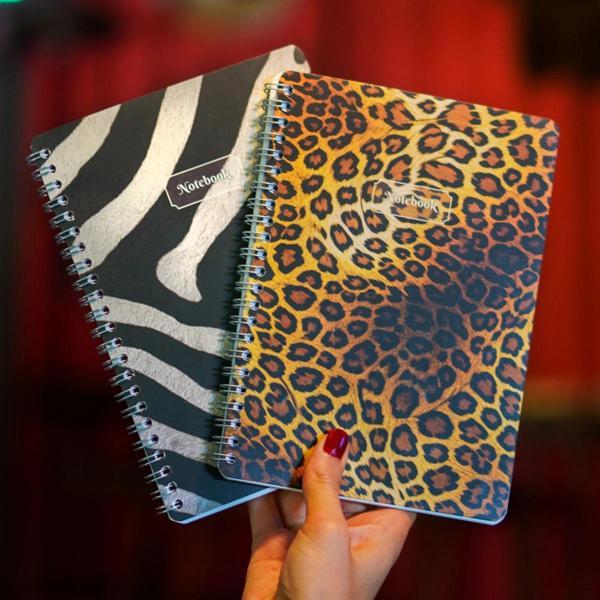 A5 Spiralli Karton Kapak 2'li Set Kareli Ders Programlı Not Okul Defteri - Leopar, Zebra - Image 1