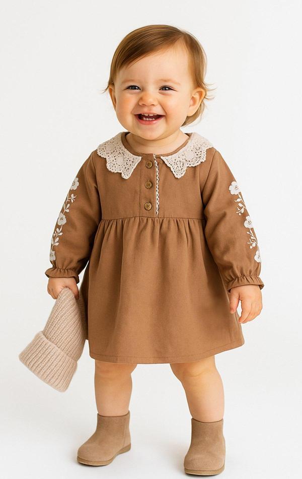 Keten Karışımlı Kız Bebek Uzun Kollu Elbise - Image 1