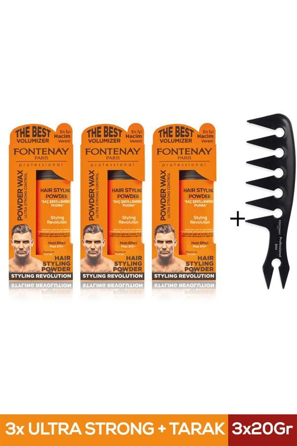 Fontenay Saç Şekillendirici Pudra Toz Wax Ultra Strong Turuncu 20gr X3 + Geniş Aralıklı Wax Tarağı 4'lü Set - Image 1