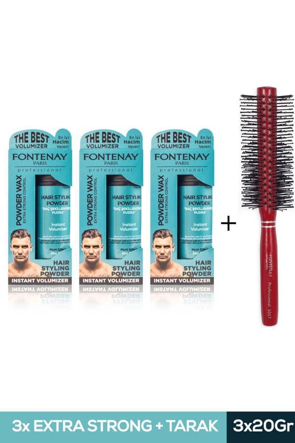 Fontenay Saç Şekillendirici Pudra Toz Wax Mat Effect Mavı 20gr X3 + Profesyonel Saç Fırçası 1017 4'lü Set  - Image 1