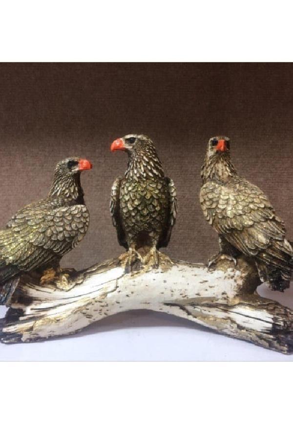 Yaratıcı Sanatlar Atölyesi Kütük Üzerinde 3 Kartal Biblosu Dekoratif Büyük Boy Polyester Biblo 30 Cm - Image 1