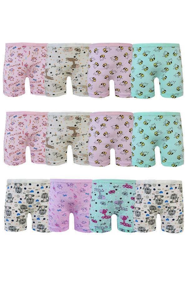 12li Kız Çocuk Boxer Pamuklu Likralı Baskılı Renkli - Image 1