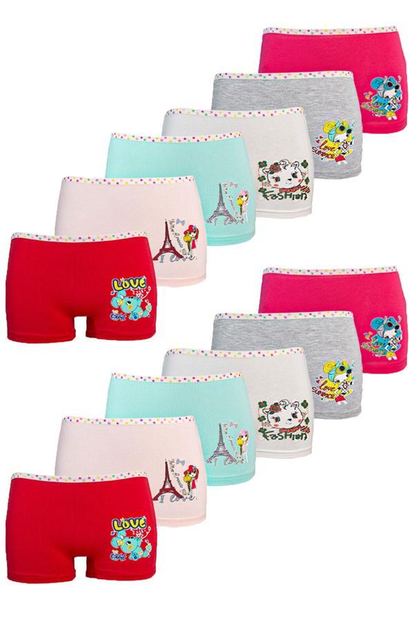 12li Kız Çocuk Boxer Renkli Likralı Pamuklu Boxer Külot - Image 1