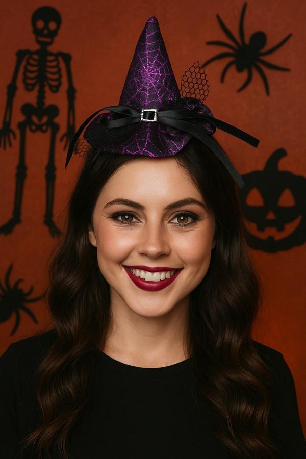 Cadı Şapkalı Halloween Parti Tacı Tüllü Mor Cadılar Bayramı Aksesuarı - Image 1