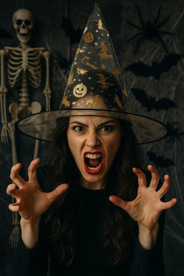 Cadılar Bayramı Şeffaf Tül Cadı Şapkası Altın Renkli Balkabağı Desenli Halloween Kostüm Aksesuarı - Image 1