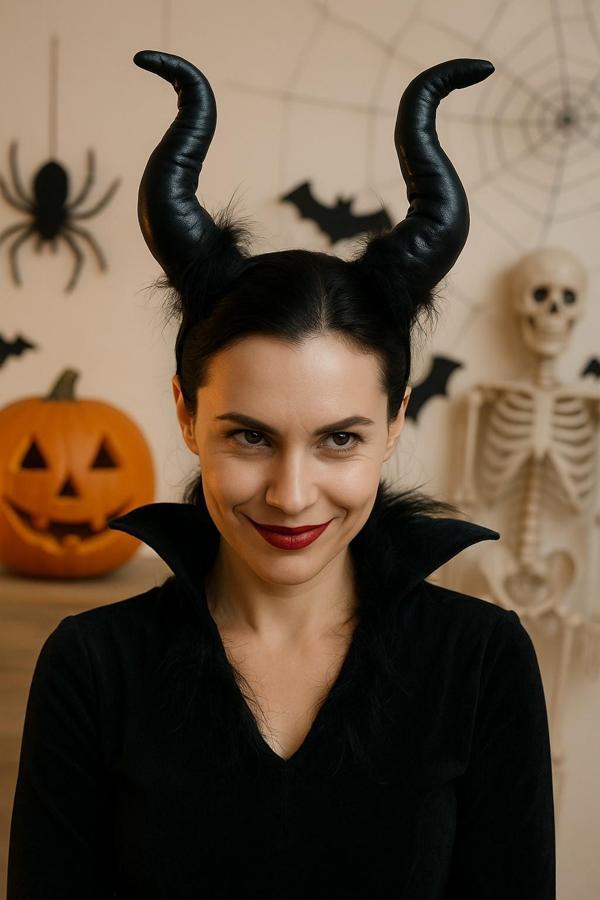 Cadılar Bayramı Maleficent Malefiz Boynuzlu Saç Bandı Tacı Kostüm Aksesuarı Siyah - Image 1