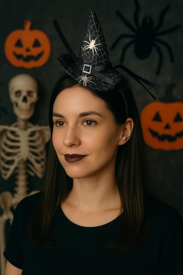 Cadı Şapkalı Halloween Parti Tacı Tüllü Siyah Cadılar Bayramı Aksesuarı - Image 1