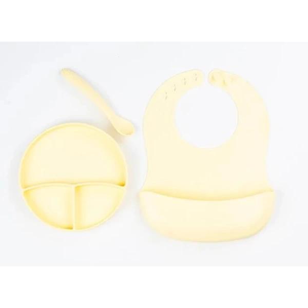 MDB Sarı 3’lü Silikon Yemek Seti – Önlük + Diş Kaşıyıcılı Kaşık + Vakumlu Tabak - Image 1