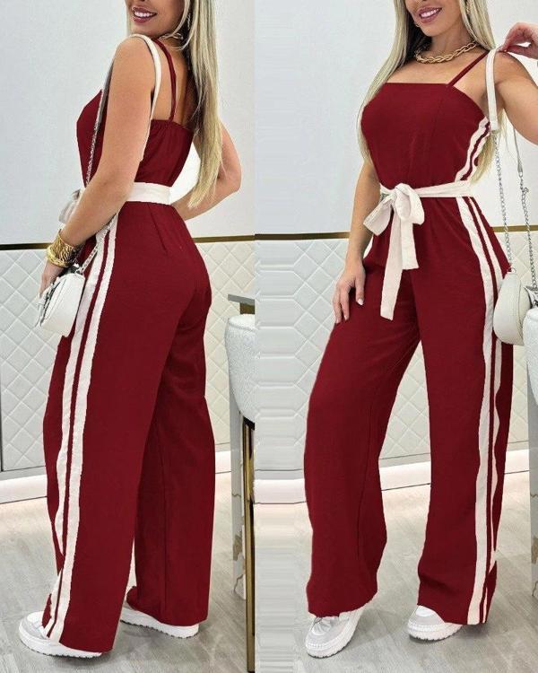 MDB Kadın Ip Askılı Straplez Belden Kuşaklı Viskon Iki Iplik Tulum - Image 1